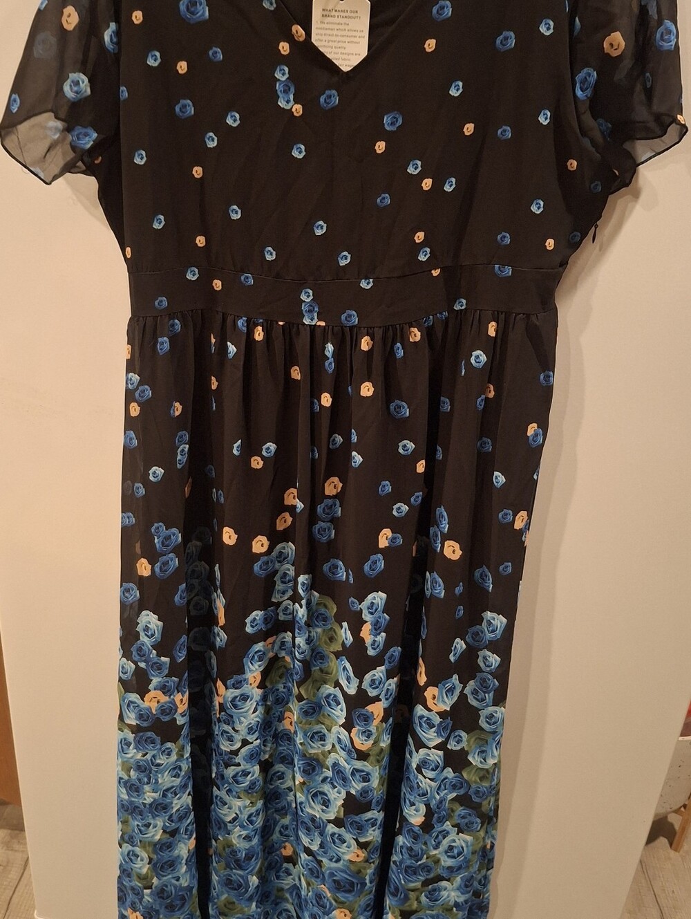 Source Unknown Black Maxi Dress with Blue and Yellow Floral Print